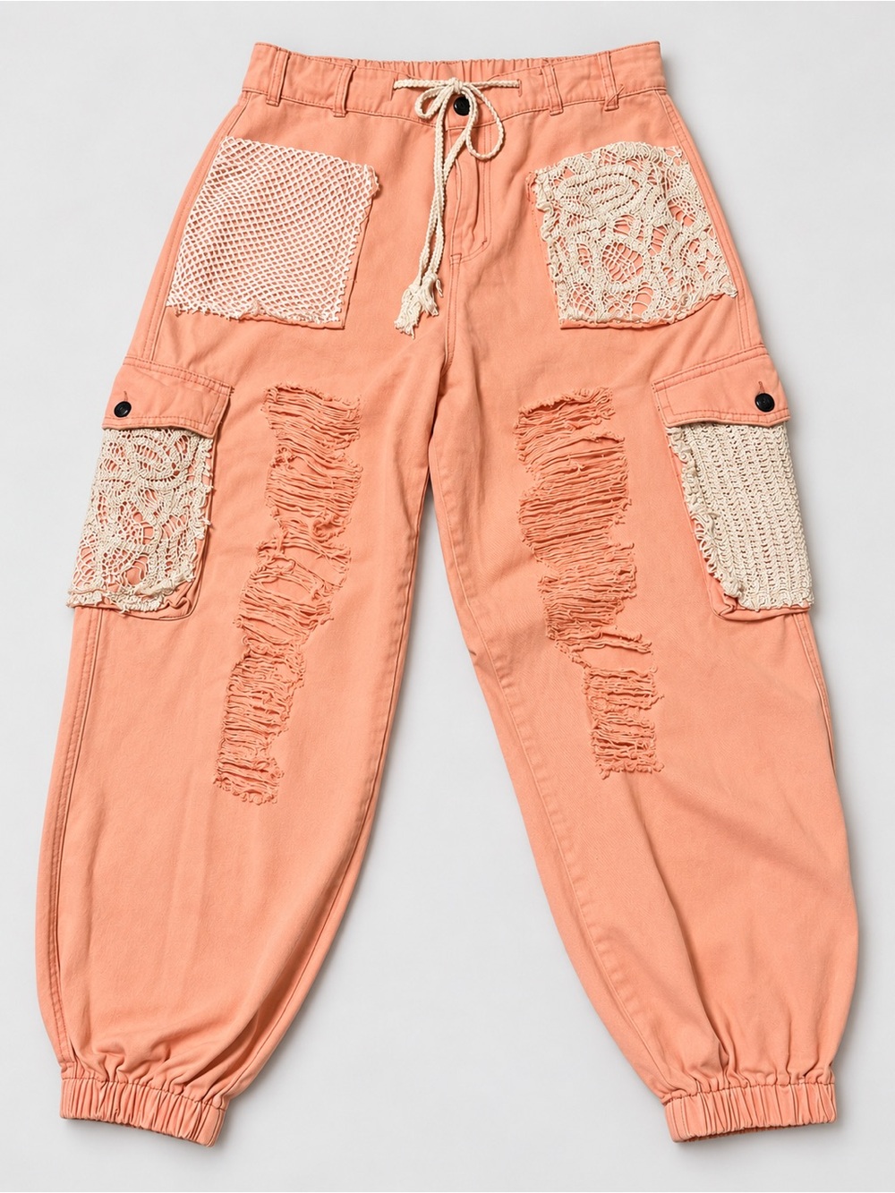 POL SMP529A Peach Distressed Cargo Joggers Crochet Lace Patchwork Boho Pants M